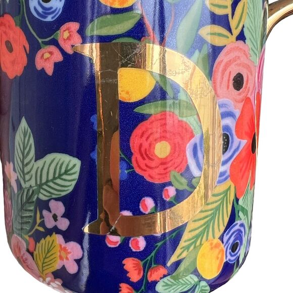 Anthropologie Floral Coffee Mug Cup Gold Initial 'D' Monogram Flower Colorful - Picture 5 of 10